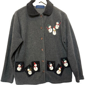 Vintage Karen Scott Womens Christmas Snowman Cardigan Size M Embroidered Holiday